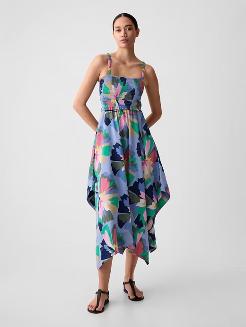 GAP Blue Multicolor Floral Handkerchief Midi Dress